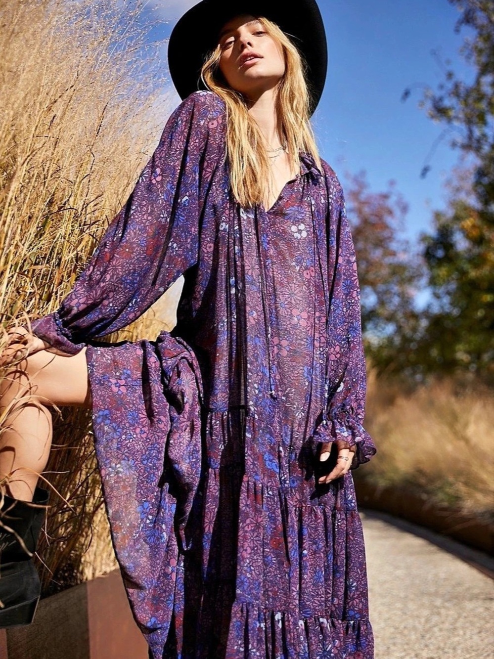 Free People Feeling Groovy Maxi Dress, Purple Floral, Sheer Tiered, Ruffle Neck